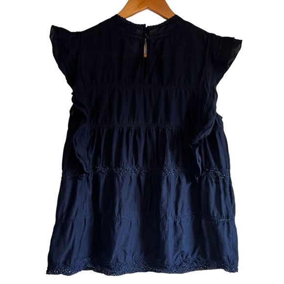 Reiss silk blend navy embroidered ruffle lightweight blouse. - Picture 9 of 16